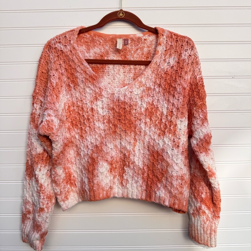 Anthropologie Pilcro Knit Cropped Tie Dye Pullover Sweater Orange Vneck sz XS